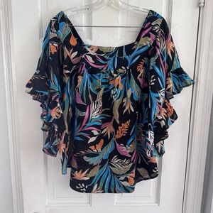 Terra Sky Tropical Floral Blouse 1X Flutter Sleeve Square Neck Boho Top